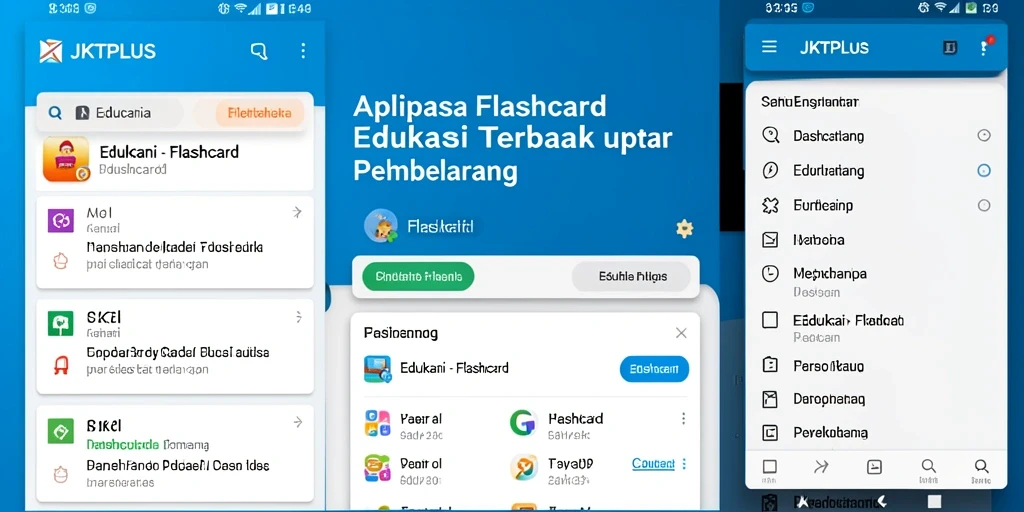 Tampilan antarmuka JKTPLUS dengan fungsi Flashcard yang interaktif.